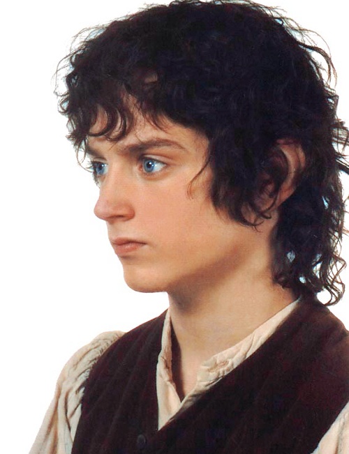 a close up of a person with curly hair and blue eyes wearing a brown vest