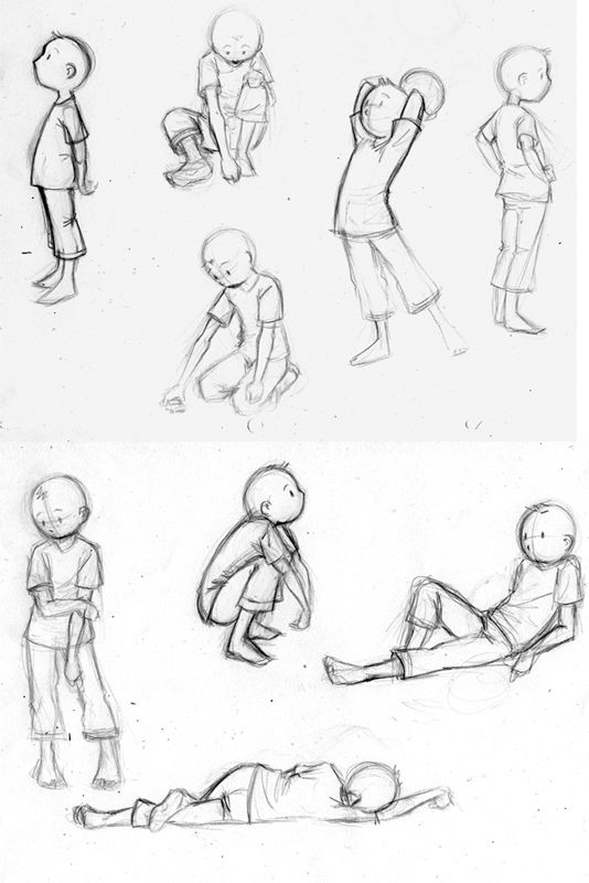 sketches of people sitting and standing in different positions, with one person laying on the ground