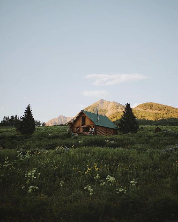 a small cabin sits in the middle of a grassy field with mountains in the background