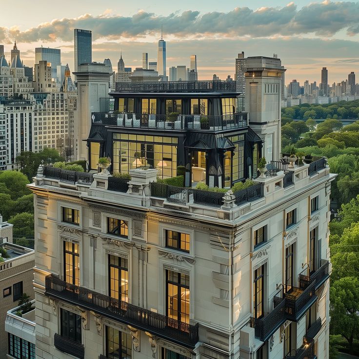 an aerial view of a large building with many windows and balconies on the roof