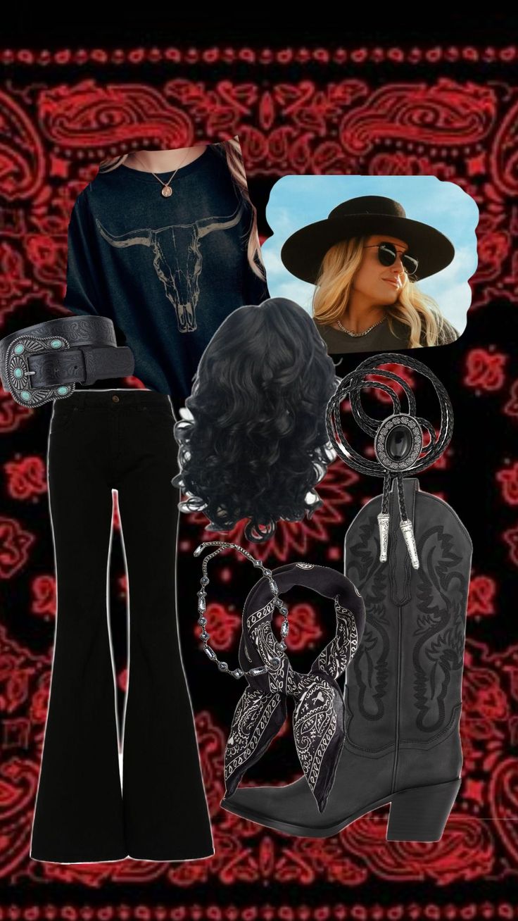 gothic western outfits Southern Cowgirl Outfits, Alt Cowgirl Outfits, Emo Cowgirl Outfits, Hardy Concert Outfit Ideas, Goth Cowgirl Aesthetic, Goth Western Style, Southern Gothic Outfits, Black Western Outfit, Western Emo