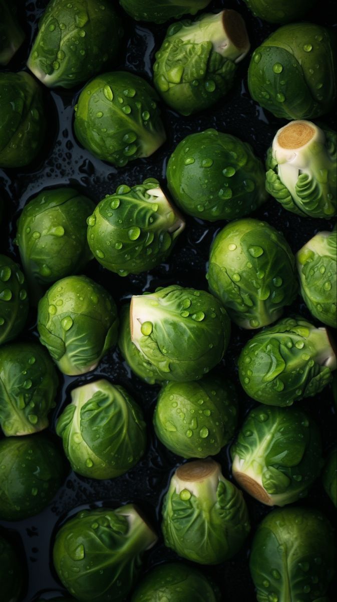 green brussel sprouts with water droplets on them are shown from above