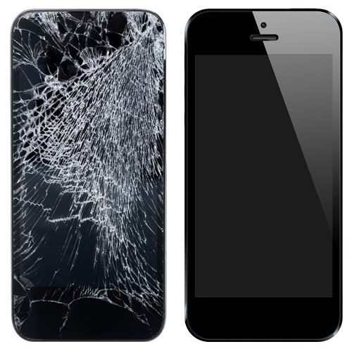 an image of a broken cell phone with cracked glass on the front and back side