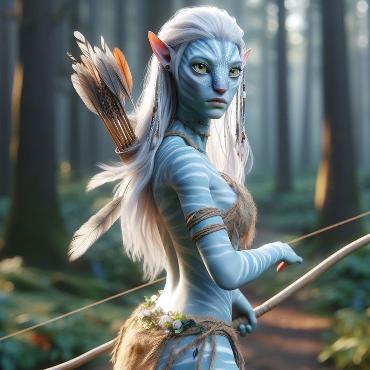 a woman with white hair and blue makeup is holding a bow in the middle of a forest