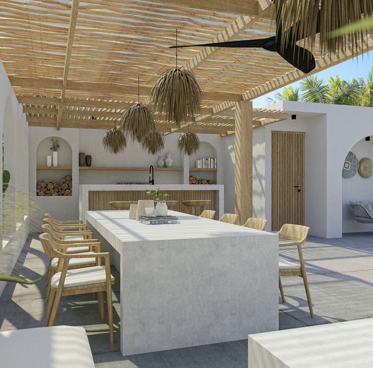 an outdoor kitchen and dining area is shown in this artist's rendering, with palm trees hanging from the roof