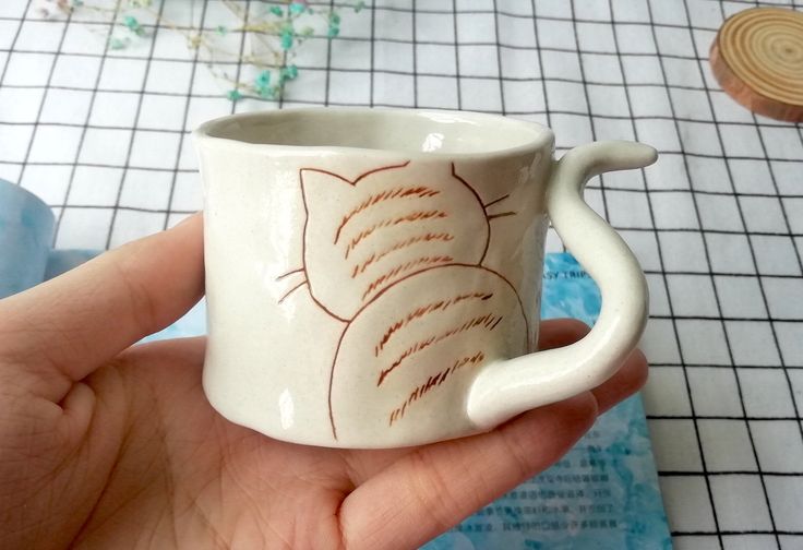 a hand holding a white coffee cup with a cat design on the outside and inside