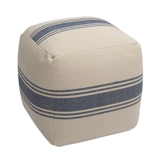 an ottoman with blue and white stripes on the bottom, sitting in front of a white background