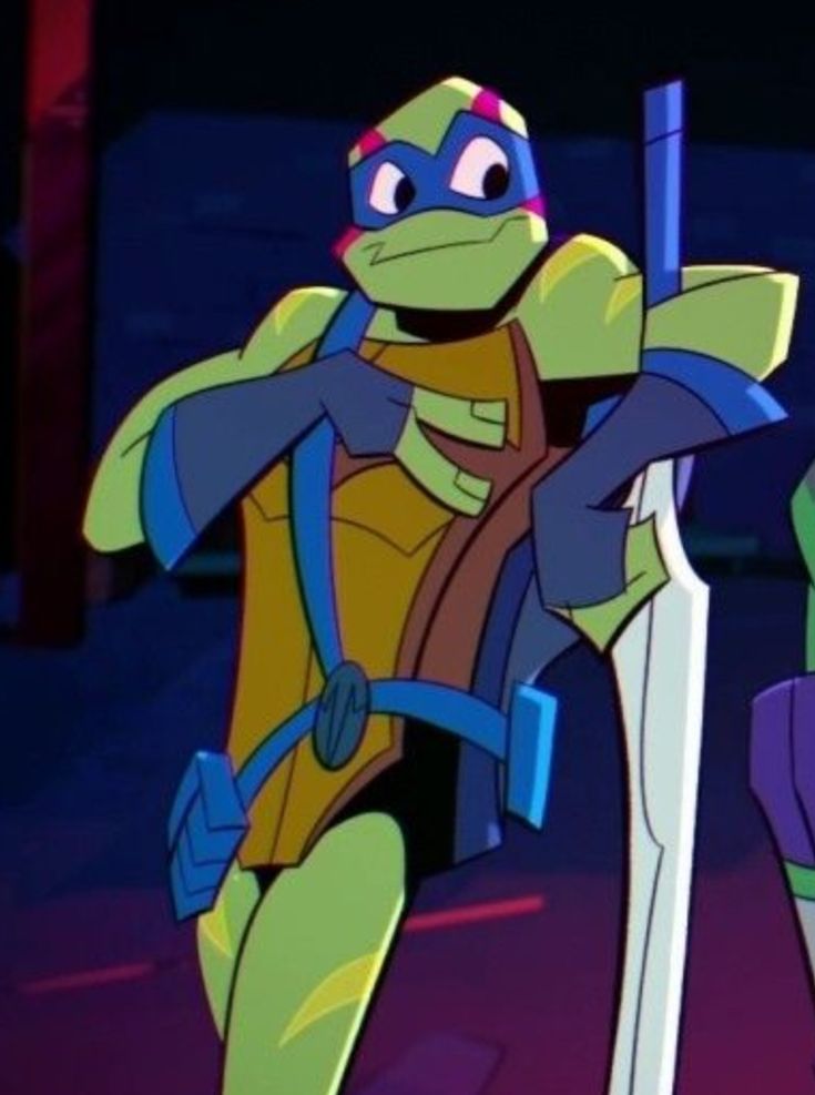 teenage mutant ninja turtles with swords in their hands and one holding the other's arm