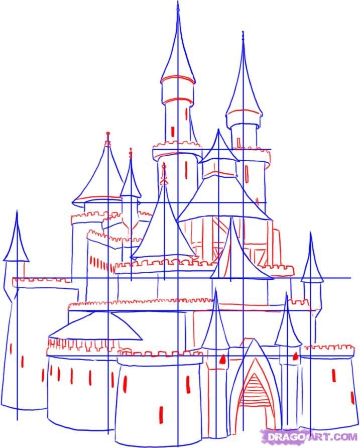 a drawing of a castle with towers and turrets on it's sides, in red and blue