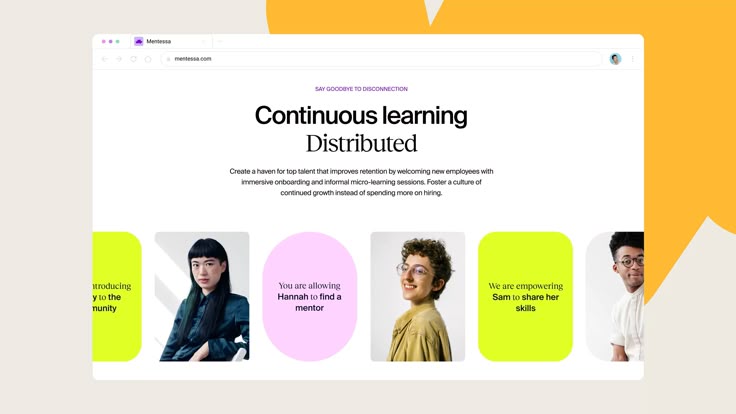 the website for continuous learning is displayed on an orange and yellow background with different images