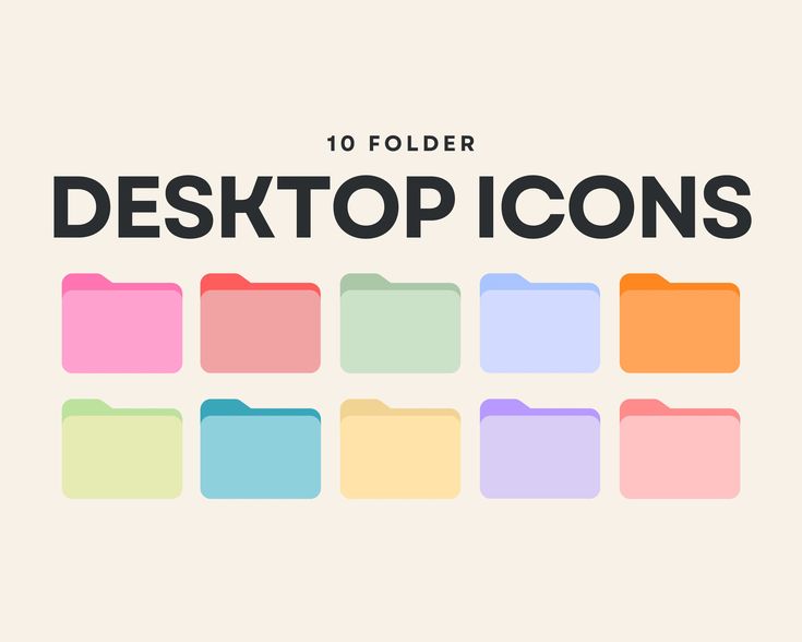 10 folders with the words, 10 folder desktop icons in different colors and sizes