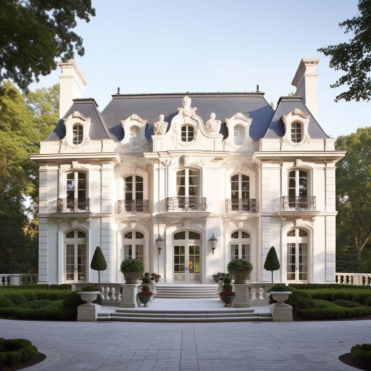 a large white house with lots of windows and bushes in front of it, surrounded by greenery