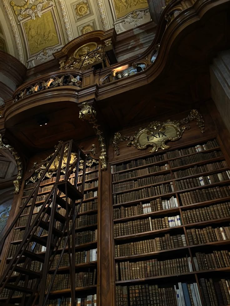 an old library with many bookshelves and clocks