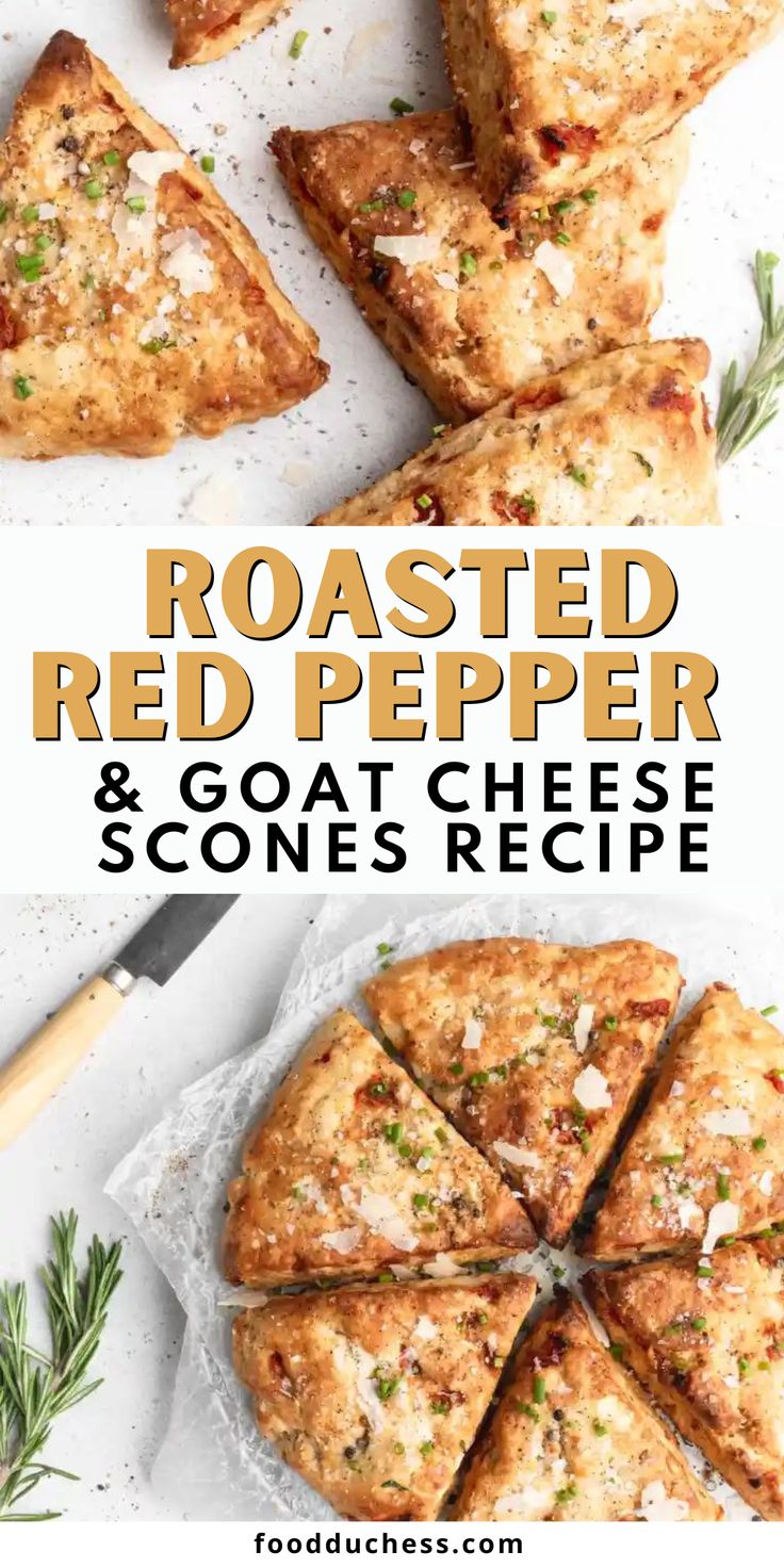 toasted red pepper and goat cheese scones recipe on a white plate with rosemary sprigs