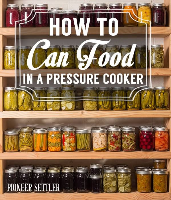 a wooden shelf filled with jars and pickles next to a sign that says how to can food in a pressure cooker