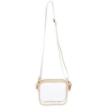 Dimensions: 5.75" x 7" x 2.25" Strap Drop Length: 17" Material: Fabric, Plastic & Metal Color: Sand, Gold & Clear Quantity: 1 Carry your items in style with a Clear Stadium Crossbody Bag. It features a fashionably clear body that allows you to see what contents are inside. The bag has a shiny zipper across the top and lobster clasps that connect an adjustable shoulder strap to either side. Add to your going-out outfit with this stylish crossbody bag! White School Bag With Clear Strap, White Crossbody Shoulder Bag With Clear Strap, White Crossbody Bag With Clear Strap, White Travel Bag With Clear Strap, White Satchel Shoulder Bag With Clear Strap, White Shoulder Bag With Clear Strap, White Bag With Clear Strap For Everyday Use, Everyday Crossbody Shoulder Bag With Clear Strap, White Everyday Bag With Clear Strap