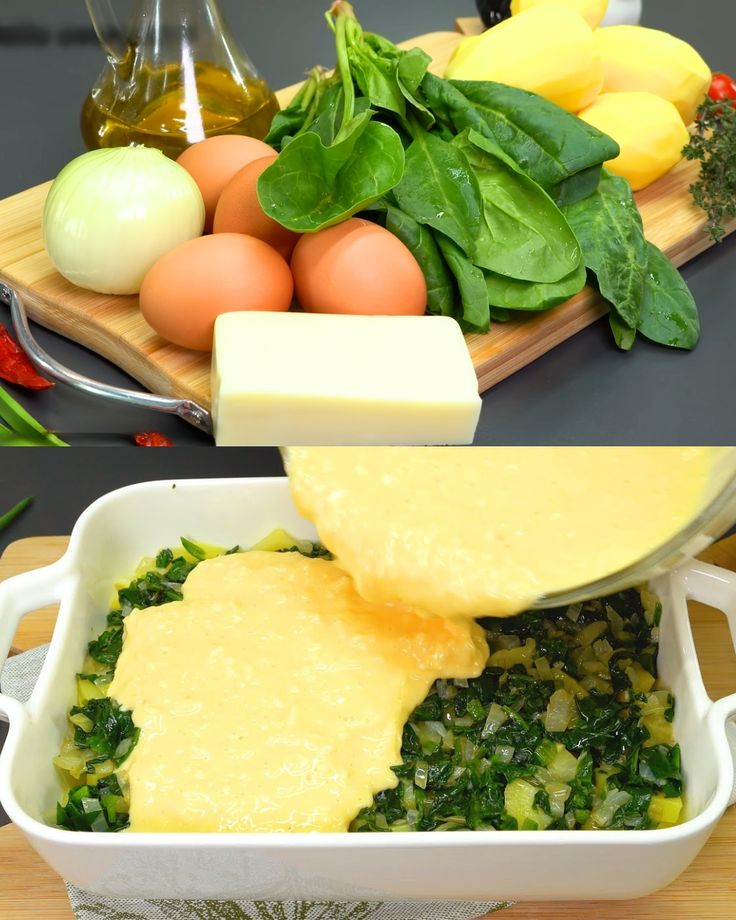 cheese being grated over spinach in a casserole dish with other ingredients