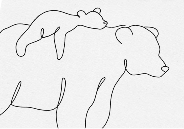 a black and white drawing of a bear with its head on another bear's back