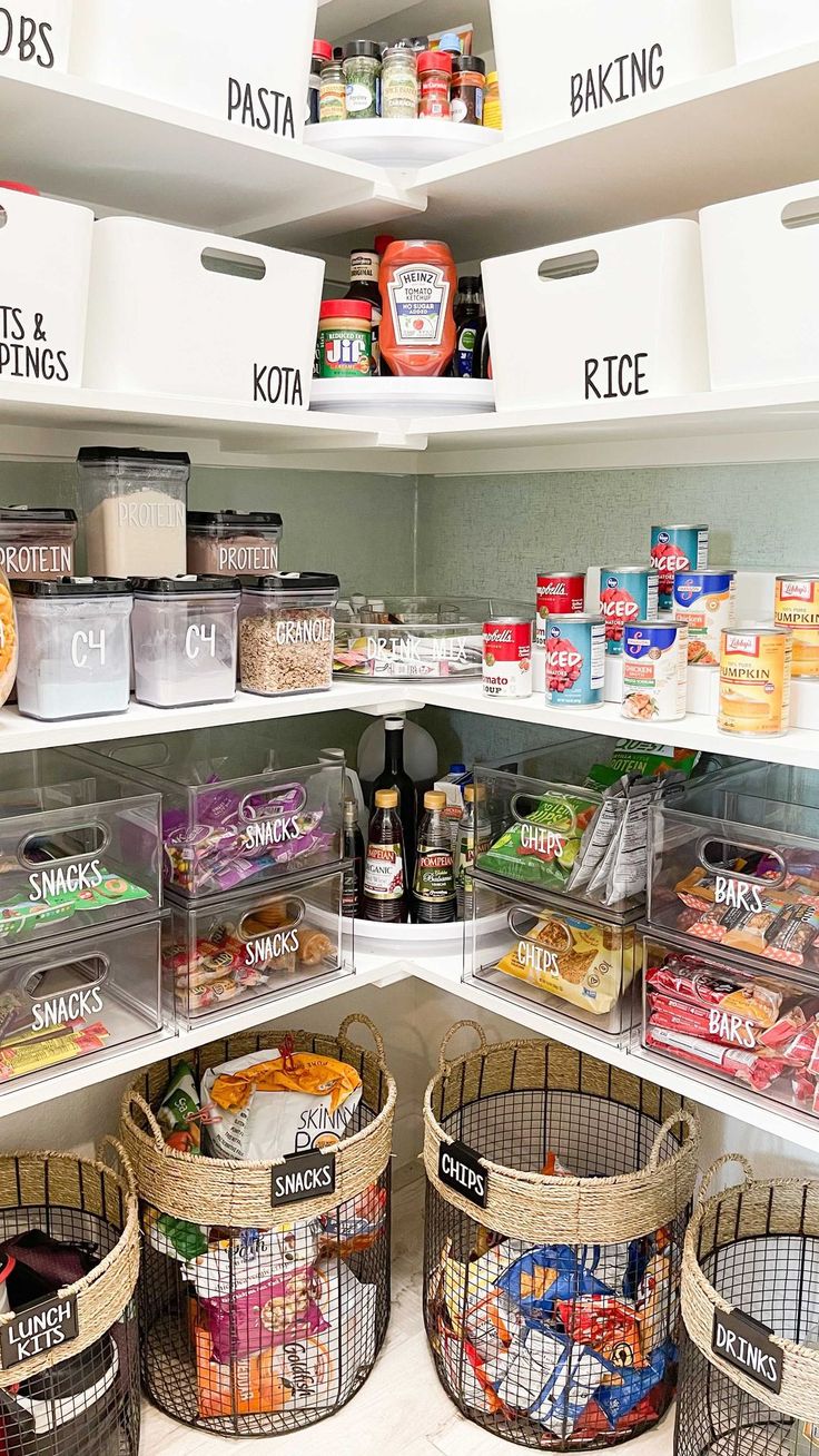 an organized pantry filled with lots of food and containers on the shelves, labeled with labels