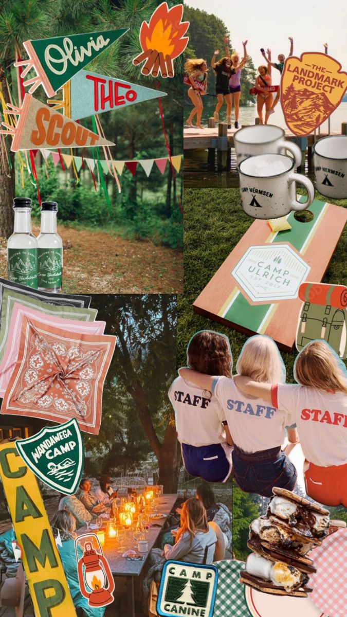 collage of photos with people sitting at picnic tables and camping signs on the ground