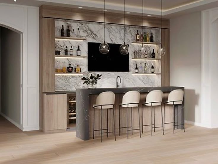 a bar with four chairs and a television mounted on the wall in a living room