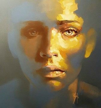 a painting of a woman's face with yellow light coming from her eyes and hair