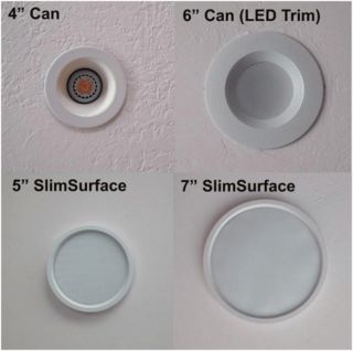 four different types of recessed lights are shown in three different sizes and colors, including white