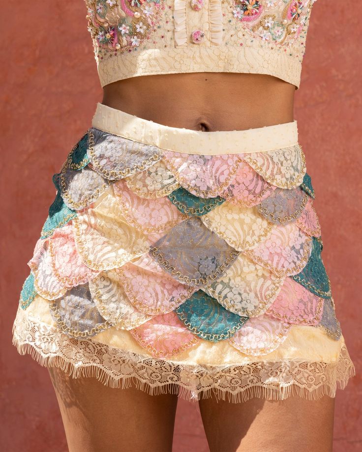 Fitted Bottoms With Scalloped Lace For Party, Fitted Scalloped Lace Party Bottoms, Party Lace Mini Skirt With Ruffles, Lace Tiered Mini Skirt For Party, Bohemian Fitted Mini Skirt With Lace Trim, Bohemian Lace Mini Skirt, Magical Mermaid, Metallic Embroidery, Lace Mermaid