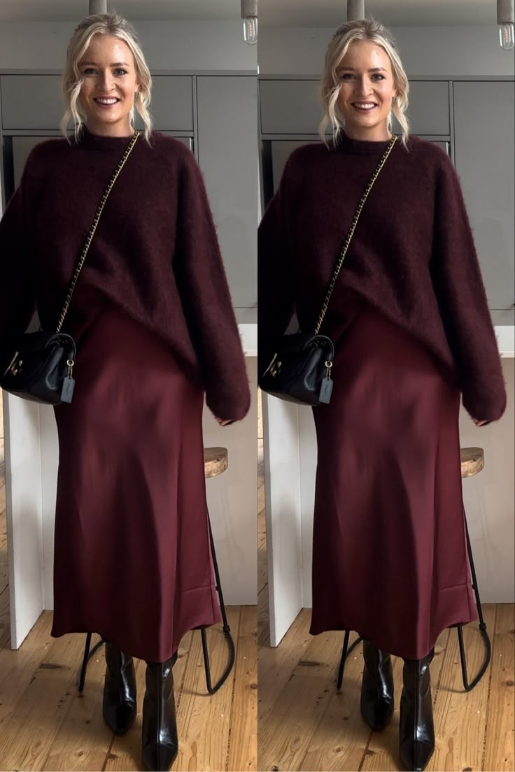 Classy Women Outfits Winter, Monochrome Satin Skirt Outfit, Lavender Slip Dress Outfit, Color Blocking Outfits Fall, Christmas Colors Outfit Ideas For Women, Burgundy Pleated Skirt Outfits Winter, Styling Silk Skirt Winter, Wine Colored Outfits For Women, Skirts With Boots For Winter