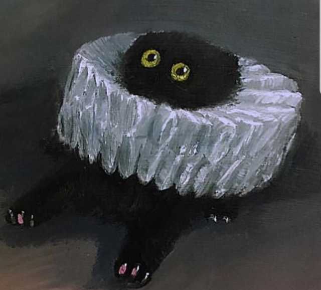 a painting of a black and white cat with yellow eyes sitting in a bowl on the ground