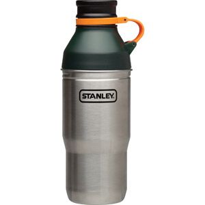 the stanley stainless steel water bottle with an orange handle is shown on a white background