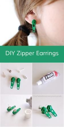 the instructions for how to make diy zipper earrings with plastic clippers and glue