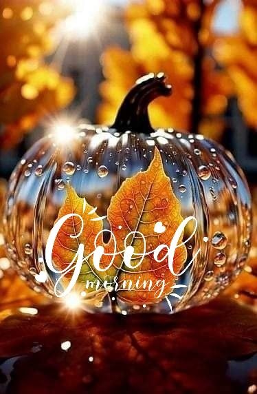 a glass pumpkin sitting on top of a table covered in fall leaves and the words god is