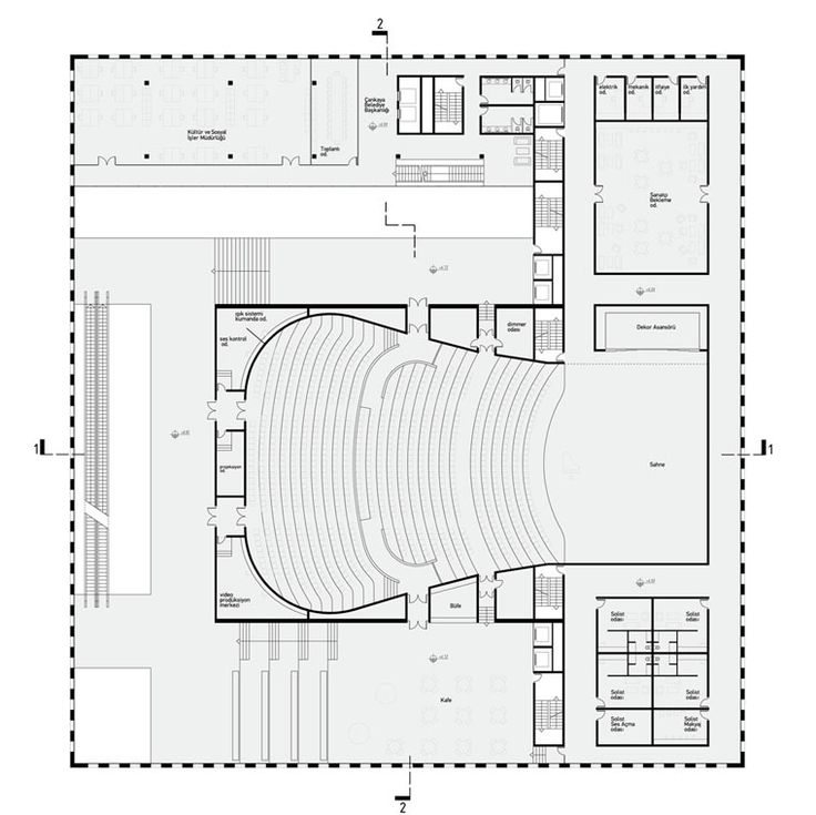 the floor plan for an auditorium with seating and walls, as well as a stage