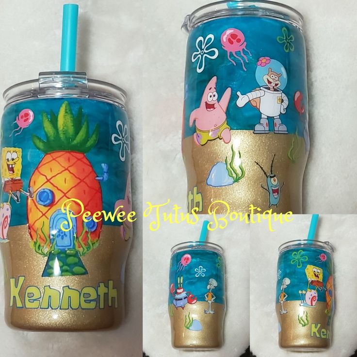 the tumbler is decorated with cartoon characters