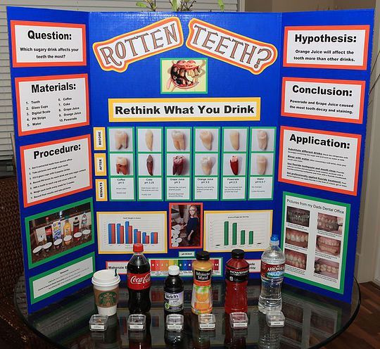 a table with posters and drinks on it that say rotten teeth, retrieving what you drink