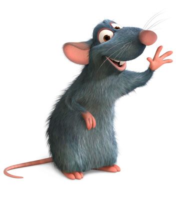 a cartoon rat waving and making a funny face with his hands in the air while standing on its hind legs