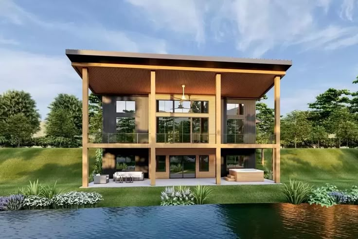 this is an artist's rendering of a modern house in the woods near a pond