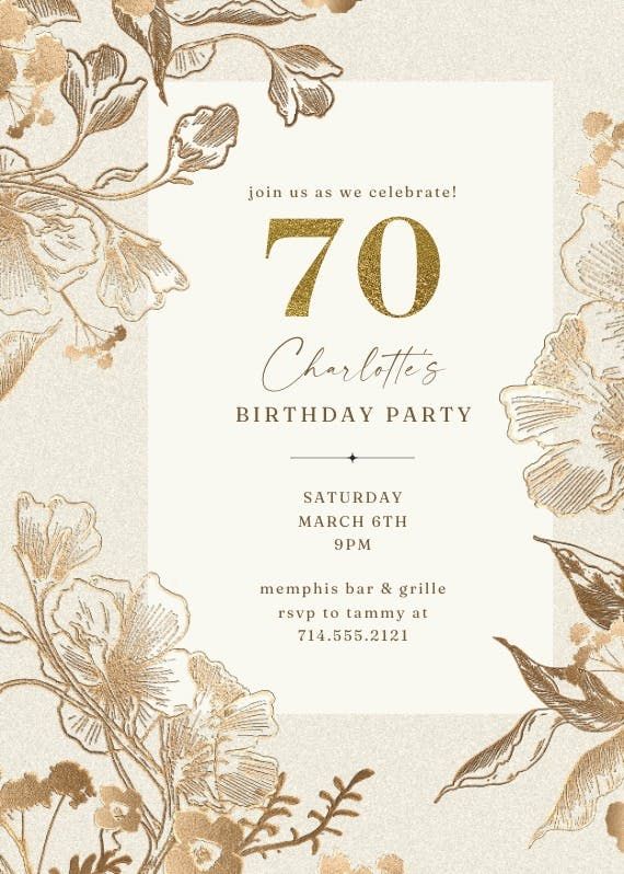 an elegant 70th birthday party with gold foil flowers and leaves on white paper, in front of a beige background