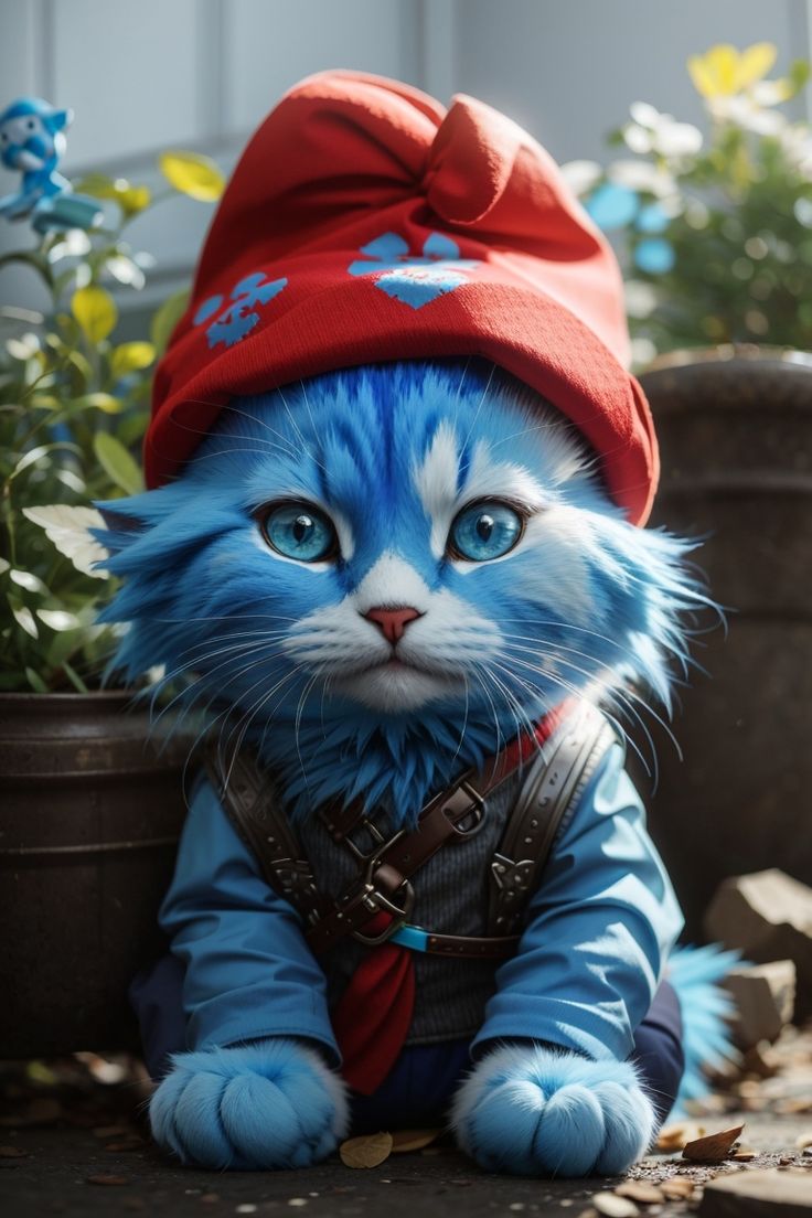 a blue and white cat wearing a red hat sitting next to a potted plant