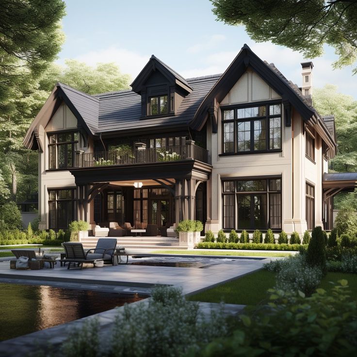 an artist's rendering of a large house in the middle of a wooded area