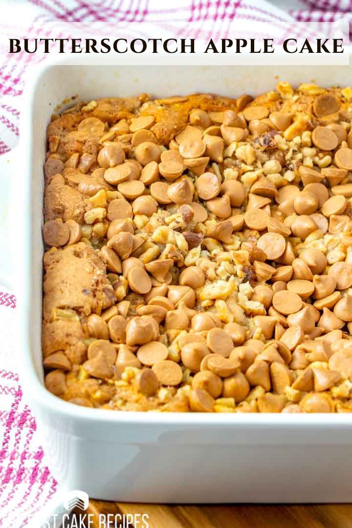 a close up of a casserole in a pan on a table with the words butterscotch apple cake mix