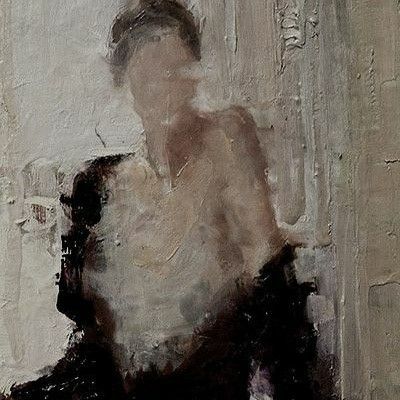 an abstract painting of a woman's back and shoulders, with white paint on the wall