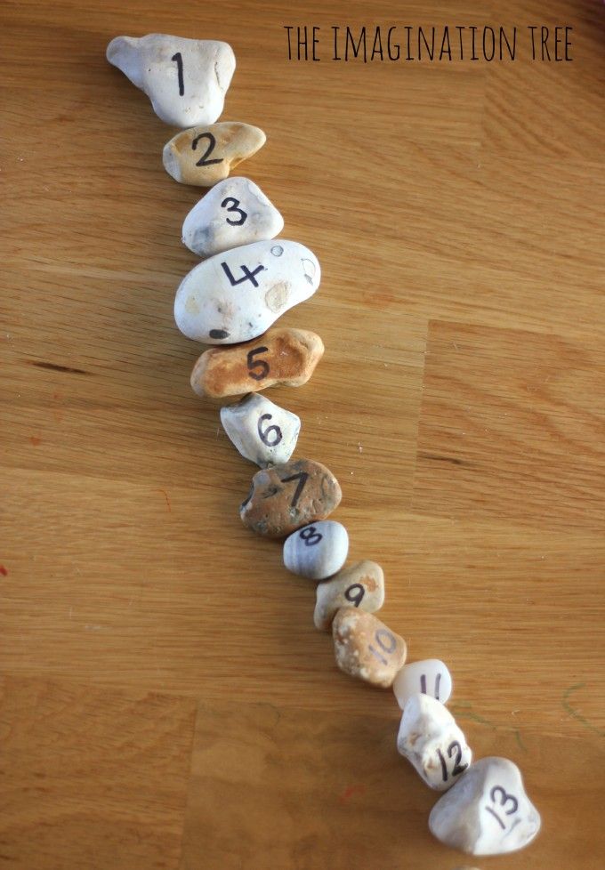 rocks arranged in the shape of numbers on a wooden table