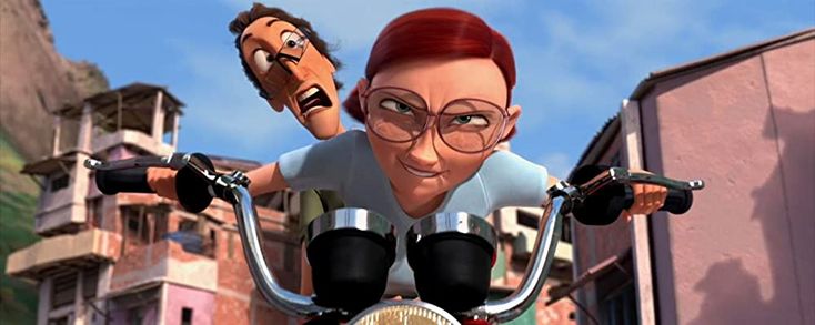 a cartoon character riding on the back of a motorcycle next to another character wearing glasses