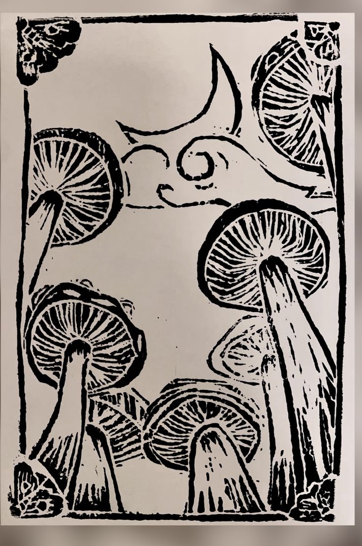 an ink drawing of mushrooms in the woods