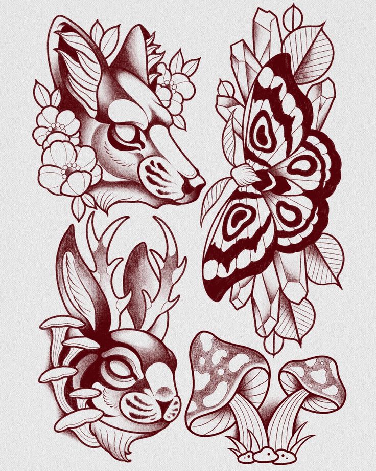 two deers with flowers and butterflies on their heads are shown in this tattoo design