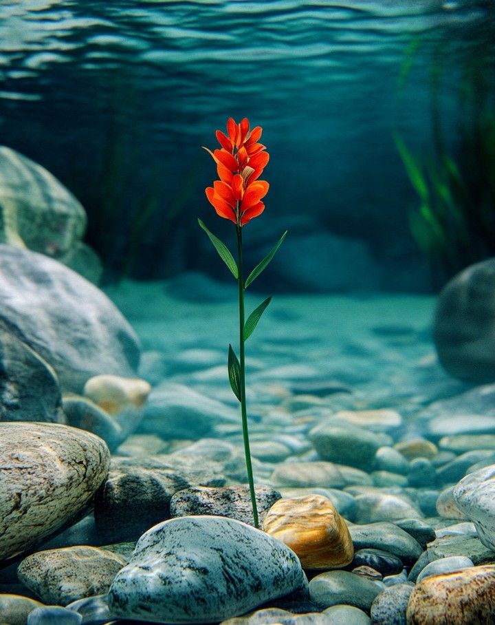 a red flower is growing out of the rocks in the water near some rocks and pebbles