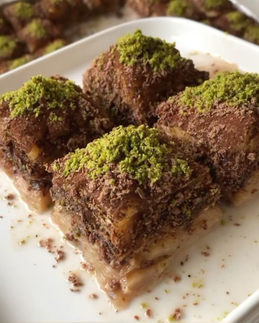 four pieces of cake on a white plate with green sprinkles around them