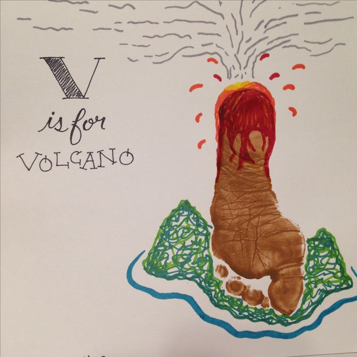 a child's drawing of a hand with water coming out of it and the words v is for volcano